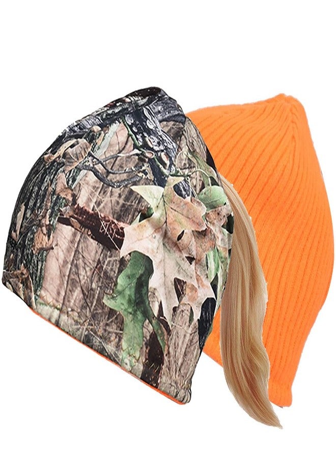 EDTREK Womens Performance Reversible Ponytail Beanie - Windproof Fleece Winter Hat for Hiking Hunting Fishing (Blaze Orange-in Deep Camo) - Image 1